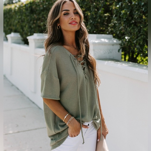 VICI Collection Tundra Lace Up Knit Top - Olive size L - Picture 9 of 16